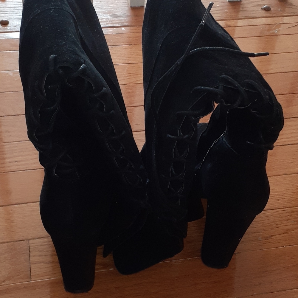 Black suede-like knee high boots
